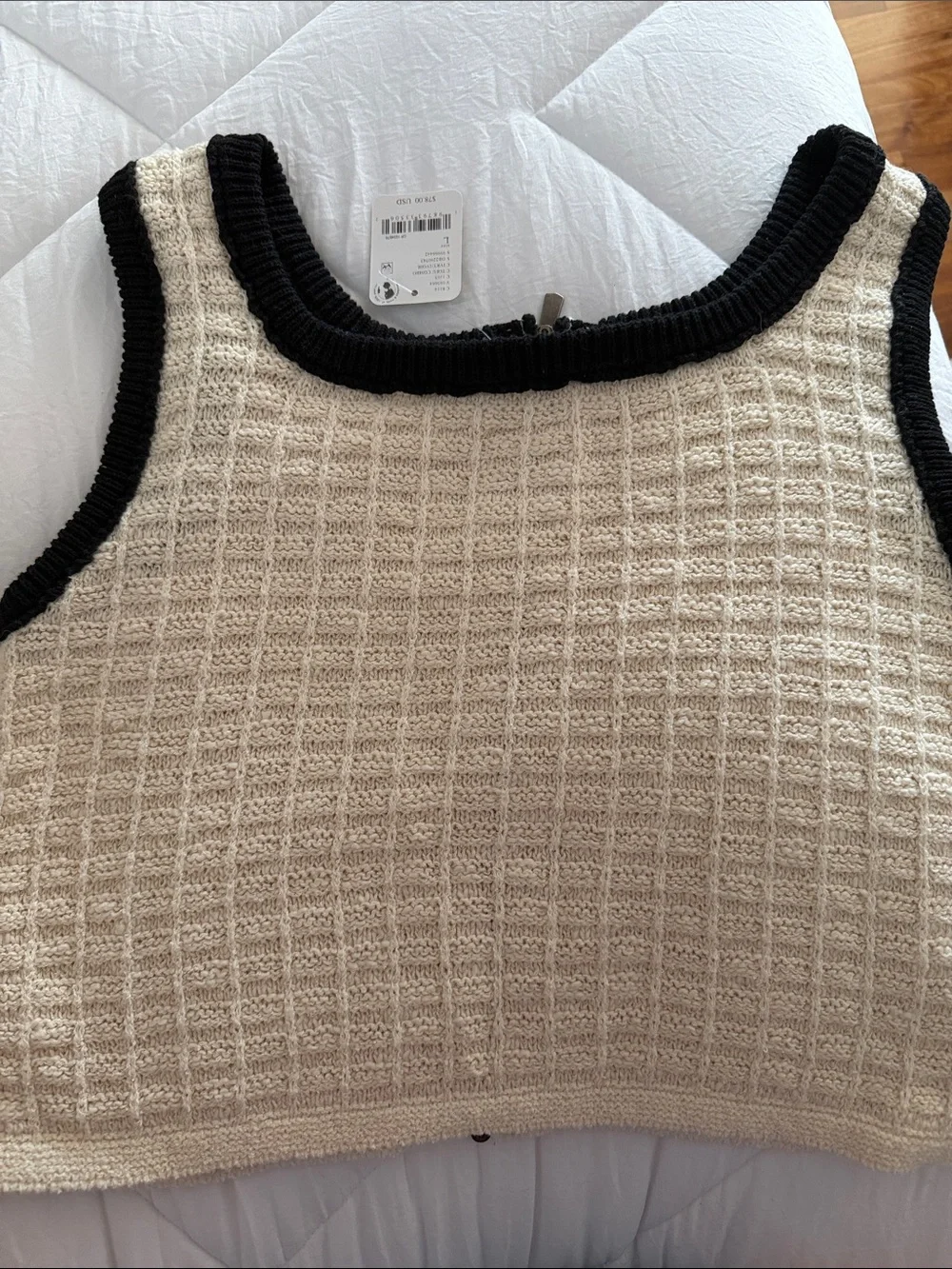 Free People Cream Waffle-Knit Zip Crop Tank with Black Trim